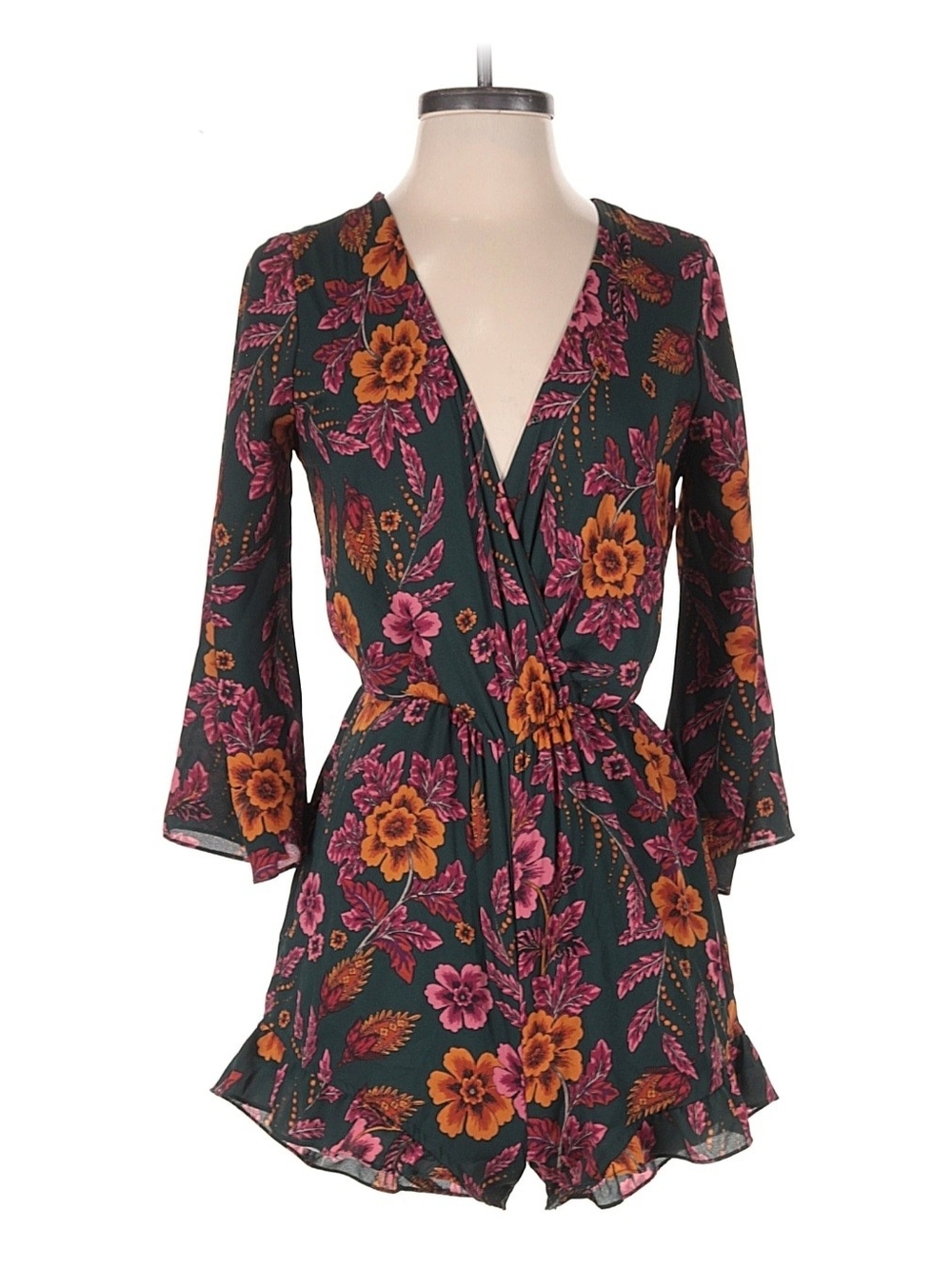 Everly Anthropology M Floral Wrap Romper Dress in Forest Green and Pink